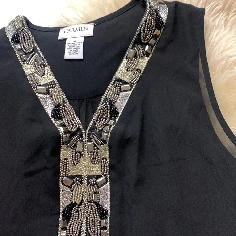 Carmen Marc valvo sleeveless black sheer beated V-neck top - Picture 4 of 5
